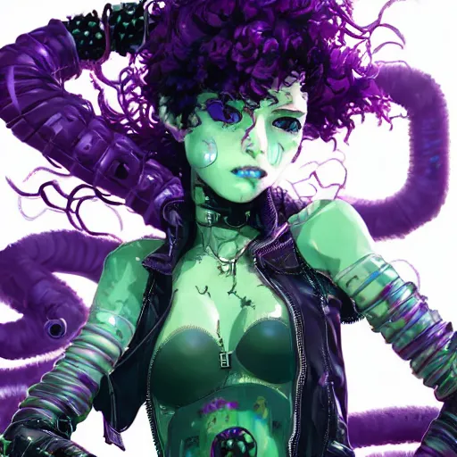 Prompt: highly detailed portrait of a punk young lady with a wild purple curly hair and small cybernetic face modifications, by Akihiko Yoshida, Greg Tocchini, Greg Rutkowski, Cliff Chiang, 4k resolution, persona 5 inspired, vibrant green, brown, purple and black color scheme!!! ((Sewer rave club dancing background))