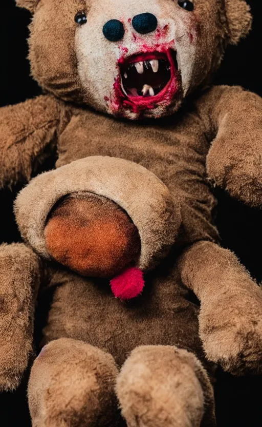 Prompt: plush zombie teddy bear, portrait photo, realistic, ultra wide lens, 2 k, ultra hd, uhd, 4 k, blu - ray, 8 k