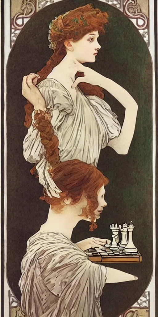 Image similar to a young edwardian woman playing chess, in the style of mucha