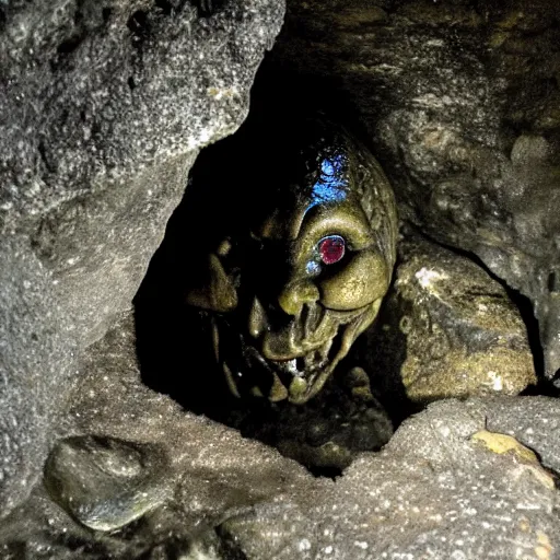 Prompt: photo inside a cavern of a wet reptilian humanoid partially hidden behind a rock, with black eyes and big teeth