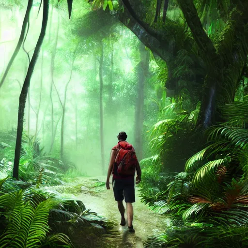 Prompt: realistic photo of man wandering through a rainforest, artstation, detailed, 8k