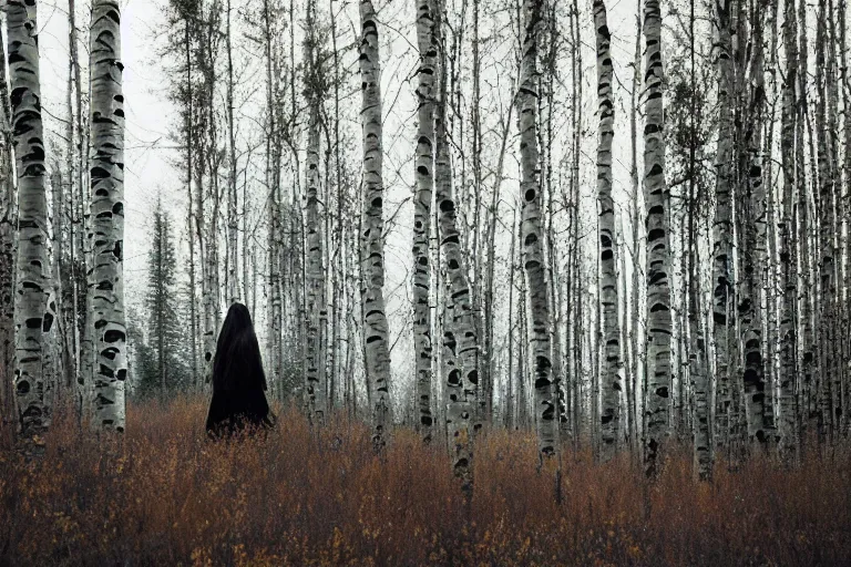 Image similar to a woman with dark, long hair, wearing a black lace dress, side view, standing at the edge of a dense forest of birch and aspen trees, cinematic lighting, film, overcast weather, dawn, jeremy lipking, jeremy mann, nick alm