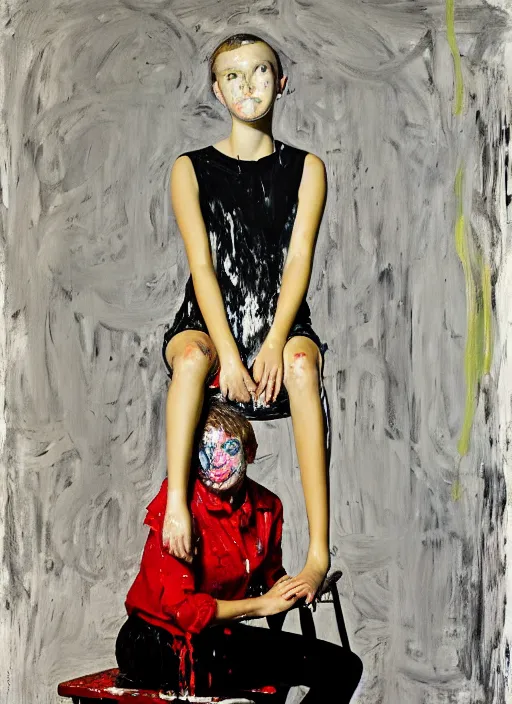 Image similar to portrait of a 1 5 year old girl cabaret actress sitting on a stool, by vincent lefevre and hernan bas and pat steir and hilma af klint, psychological, photorealistic, symmetrical face, dripping paint, washy brush, threads, rendered in octane, altermodern, masterpiece