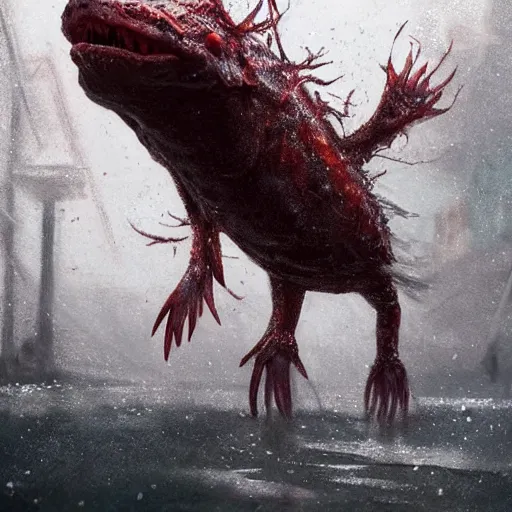 Prompt: highly detailed monster Axolotl hit by lightning from the sky in a small puddle, thunder, dramatic, dark, fantasy, digital art, hyperrealistic, cinematic lighting, Greg Rutkowski, Trending on Artstation, highly detailed