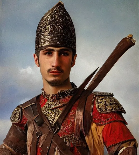 Prompt: portrait of a handsome young turkish warrior, art by denys tsiperko and bogdan rezunenko and franz xaver kosler, hyperrealism