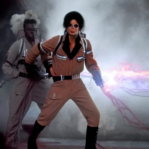 Image similar to stunning awe inspiring michael jackson playing a ghostbuster in the movie ghostbusters, movie still 8 k hdr atmospheric lighting
