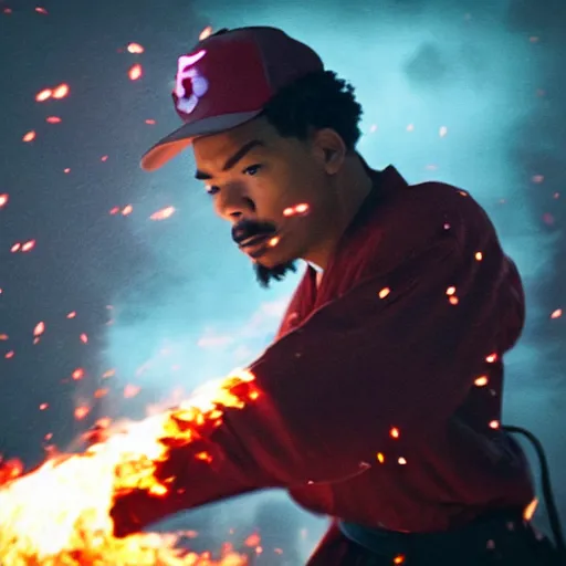 Image similar to cinematic film still of Chance The Rapper starring as a Samurai holding fire, Japanese CGI, VFX, 2022, 40mm lens, shallow depth of field, film photography