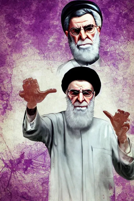 Image similar to angry ali khamenei, with index finger, clear, clear, very clear, parallel content, hyperrealistic anatomy body content, violet polsangi pop art, gta chinatown wars art style, extreme quality masterpiece, bioshock infinite art style, incrinate, 2 color, white frame, content balance proportion