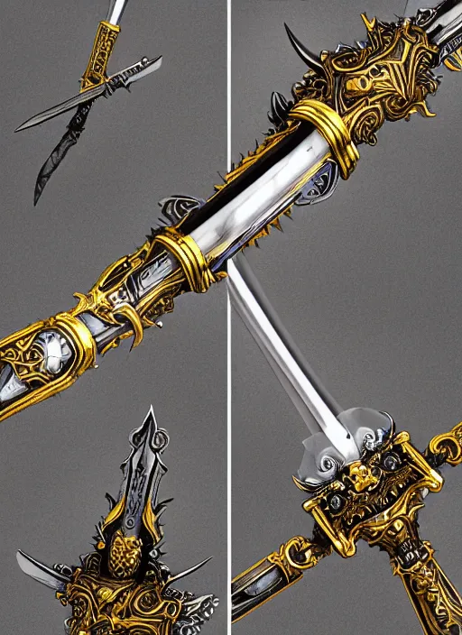 Image similar to legendary glowing sword of cybernetic technology on a table, digital award winning artwork, intimate, intricate, long sharp black and iridescent blade, ornate gothic baroque spikes coming out, colorful hilt, vivid detailed realistic, ray tracing, colored gems, golden pommel, by yoshitaka amano, deviantart