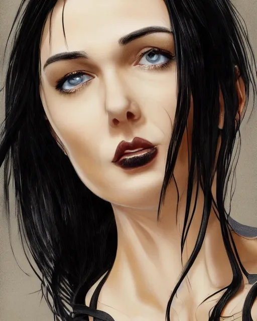 Image similar to portrait of a tall 4 0 - year - old woman, very thin lips, long, lush unkempt black hair, and thick eyebrows, wearing in black clothes, hyper realistic face, beautiful eyes, character art, art by mark brooks, hyperdetailed, cryengine, trending on artstation, digital art