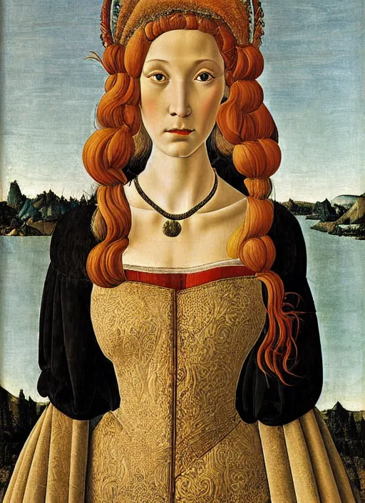 Prompt: portrait of young woman in renaissance dress and renaissance headdress, art by sandro botticelli