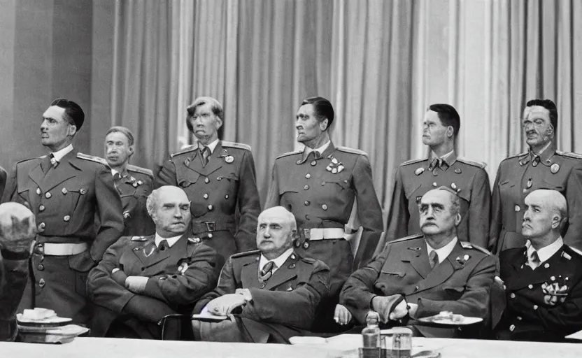 Image similar to 50s movie still of very diverse soviet generals head with very detailed faces in a stalinist parlement, by Alexei Guerman, Cinestill 800t 35mm black and white, heavy grainy picture, very detailed, high quality, 4k, HD criterion, precise texture, diversity of faces