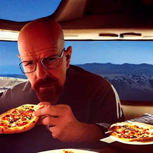 Image similar to low quality photo of heisenberg eating pizza in the sky