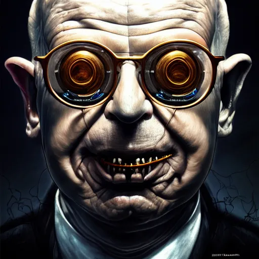 Image similar to uhd photorealistic dark scifi illustration portrait of klaus schwab wearing bizarre voodoo makeup, reading necronomicon. cinematic lighting, mad scientist style. golden ratio, accidental renaissance. in the style of akira toriyama, beksisnski, and amano and karol bak, scifi, fantasy, hyper detailed. concept art. trending on artstation