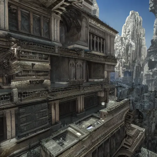 Image similar to architecture from quake, lovecraftian, liminal space, unreal engine 5, hyper detailed, hyper realistic