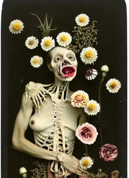 Image similar to beautiful and detailed rotten woman corpse made of plants and many types of stylized flowers like carnation, daisy, chrysanthemum, anemone, roses and tulips, intricate, surreal, john constable, gustave courbet, caravaggio, romero ressendi, bruno walpoth 1 9 1 0 polaroid photo