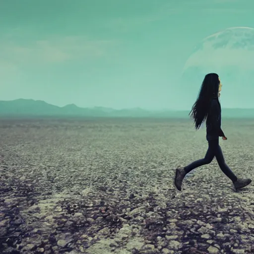 Image similar to girl walking on an alien planet