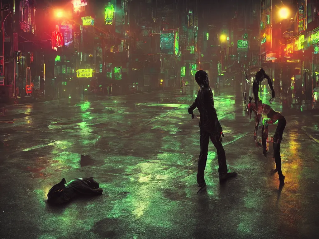 Prompt: voodoo people film clip by the prodigy, cyberpunk, dark magic, green whispy fog, street scene, dirty rats, hdr, alligator shaman, faint feeling of doom, wet asphalt, reflected light, detailed render, gloomy, ray traced reflections, trending on deviantart, dlss