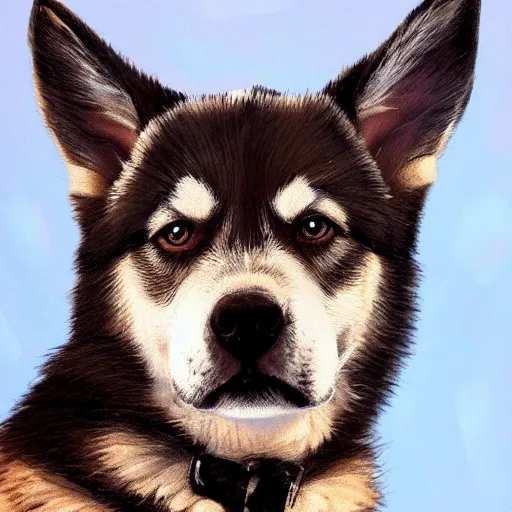 Prompt: a puppy portrait, husky, german shepherd, pit bull mix, blue eyes, caramel brown ears, symmetrical, vertical broad white stripe on face, realistic, cute, beautiful, detailed, artstation