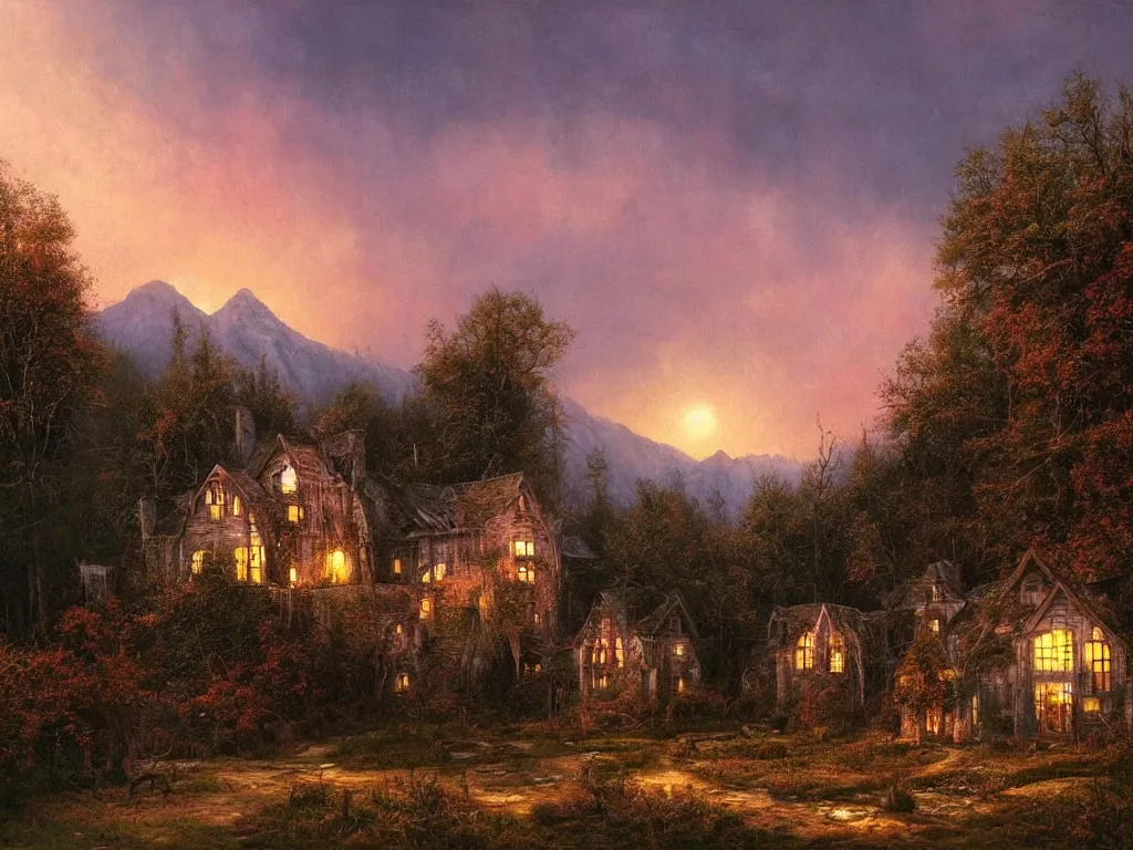 Prompt: a gorgous witchhouse in a woodland with lighted windows, mountains in background, evening mood, pink clouds in the sky, by clive madgwick