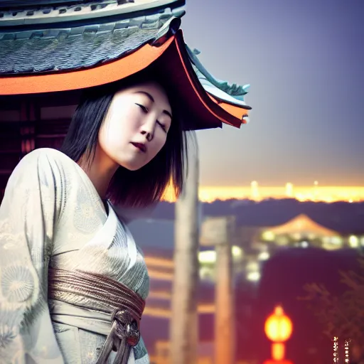 Prompt: photo of beautiful femal nina on top of a Japanese temple, night, cinematic, high detail, 8k,