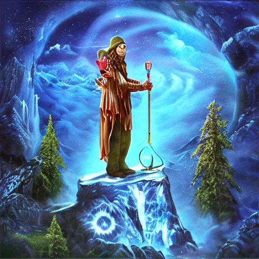 Image similar to Album Cover of wizard on a mountaintop holding a magical staff, 80’s, metal, airbrush art, High Quality, Fantasy