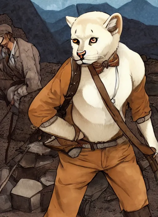 Image similar to character portrait of a (((anthro))) albino mountain lion wearing miner's clothes at the mines. hidari, color page, tankoban, 4K, tone mapping, Akihiko Yoshida.