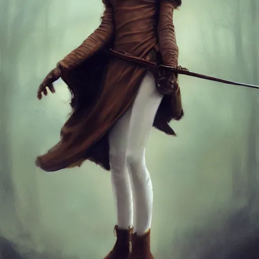 Image similar to a beautiful woman, beauty, looks like Audrey Hepburn, bard, brown hair, messy hairstyle, bangs, cream colored peasant shirt, brown pants, leather boots, dark green cloak, round hood, elf ears, youthful, white background, proportionate, by Greg Rutkowski and Tony Sart, trending on artstation, realistic, highly detailed, masterpiece