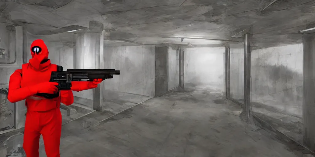 Image similar to red hazmat holding a minimalist shotgun, in an underground facility, sterile, MC Escher style architecture, human farm, action shot, cinematic, unreal engine, concept art