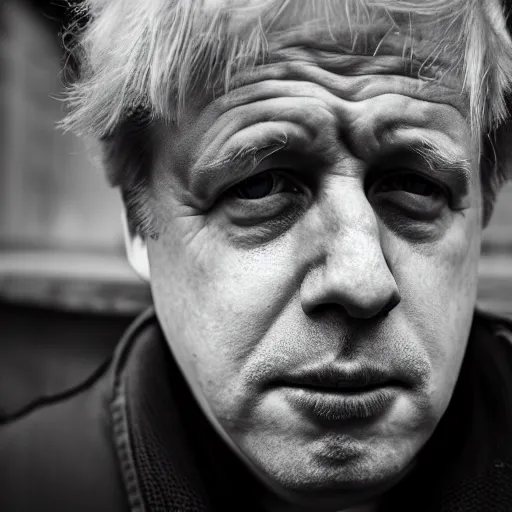 Image similar to Boris Johnson with half face missing, morbid, evil, dark photography, realistic, candid street portrait in the style of Rehahn award winning, Sony a7R,