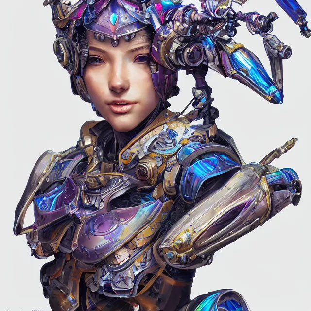 Image similar to studio portrait of lawful good colorful female holy mecha paladin absurdly beautiful, elegant, young fitness model, ultrafine hyperrealistic detailed face illustration by kim jung gi, irakli nadar, intricate linework, sharp focus, bright colors, matte, octopath traveler, final fantasy, unreal engine highly rendered, global illumination, radiant light, intricate environment