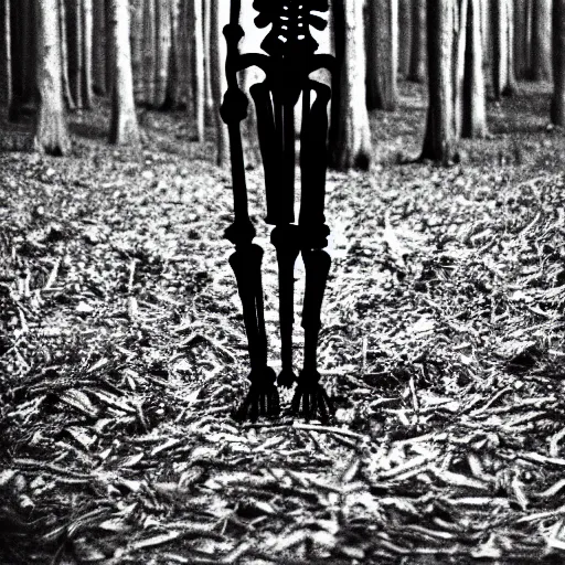 Image similar to extra close-up, bw film photography, portrait of skeleton standing in a forrest, film photo