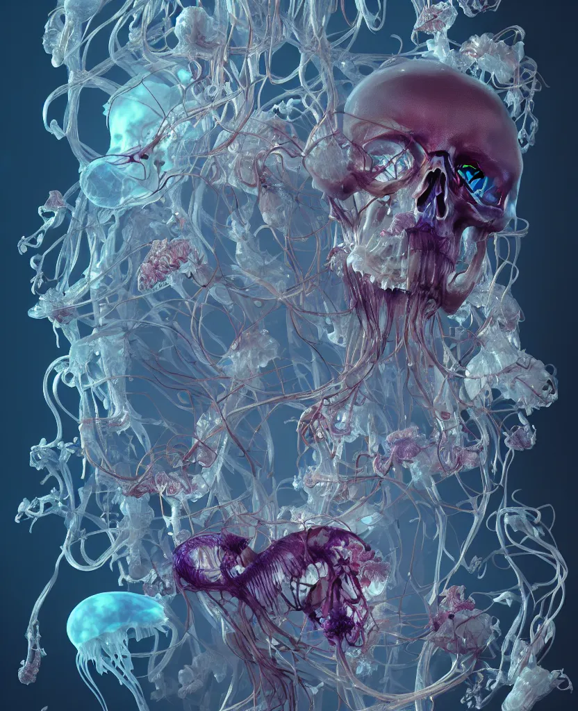 Image similar to composition of human skulls, animals skulls, bones, rib-cage. jellyfish orchids and betta fish, bioluminiscent, intricate artwork by Tooth Wu and wlop and beeple. octane render, trending on artstation, greg rutkowski very coherent symmetrical artwork. cinematic, hyper realism, high detail, octane render, 8k