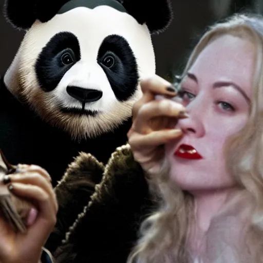 Image similar to eyes wide shut movie cultists in hoods and panda masks