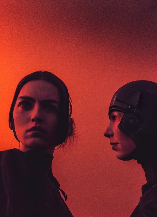 Image similar to cinestill 5 0 d photographic portrait of two loving female androids wearing rugged black techwear on a desolate plain with a red sky in front of a brutalist structure, extreme closeup, cyberpunk style, dust storm, 8 k, hd, high resolution, 3 5 mm, f / 3 2, ultra realistic faces, ex machina