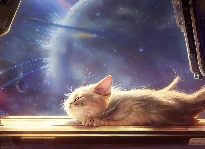 Prompt: alien space cat sleeping on a mechanics workbench in a spaceport in a space opera ghibli animated film, volumetric lighting, octane render by stanley artgerm lau, greg rutkowski, thomas kindkade, alphonse mucha, loish, norman rockwel, highly detailed