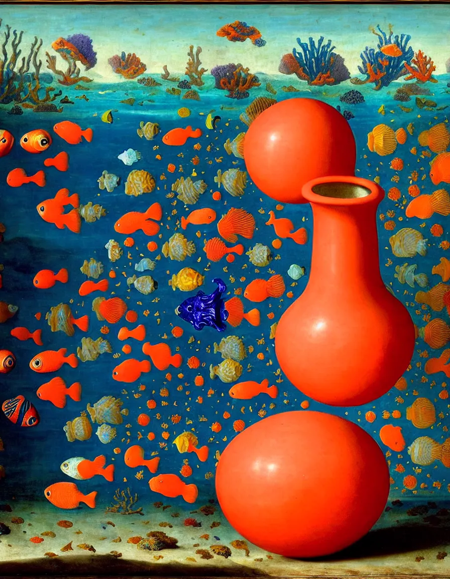 Image similar to bottle vase of coral under the sea and in the sky decorated with a dense field of stylized scrolls that have opaque outlines enclosing mottled blue washes, with orange shells and purple fishes, ambrosius benson, oil on canvas, hyperrealism, around the edges there are no objects