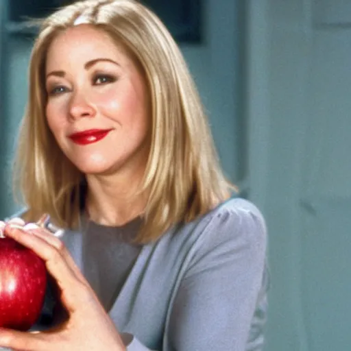 Image similar to an apple, the fruit, with the face of christina applegate on its skin