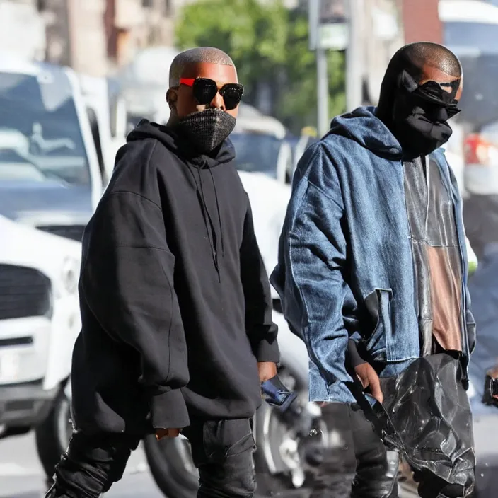 Image similar to kanye west using a face covering black mask with small little holes, a blue round puffer jacket and big black rubber boots,