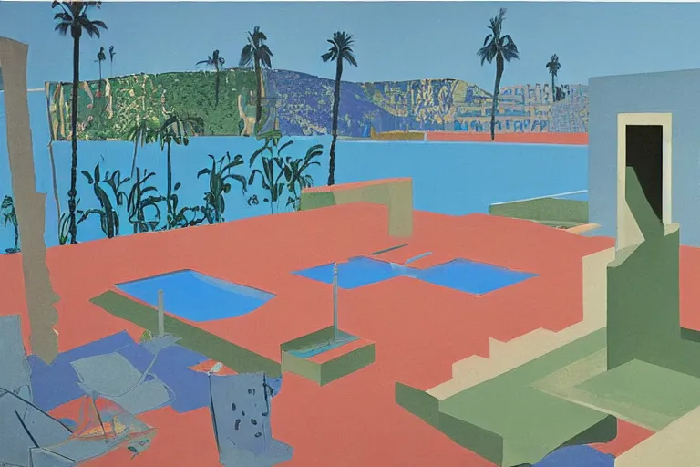 Prompt: david hockney A Bigger Splash (1967) painting of a brutalist military compound