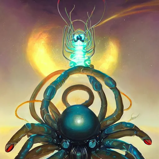 Image similar to portrait of a giant cosmic spider deity by peter mohrbacher and james gilleard