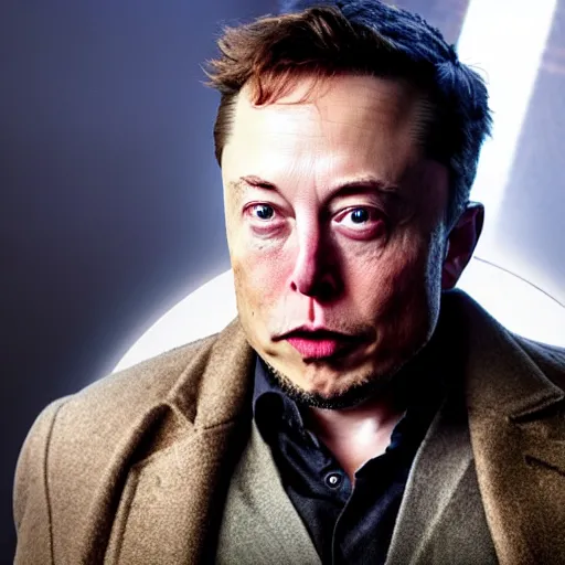 Image similar to elon musk as a rough dirty old man with a scruffy beard in a dark blue trenchcoat as the new doctor who, cinematic, volumetric lighting, f 8 aperture, cinematic eastman 5 3 8 4 film, photorealistic