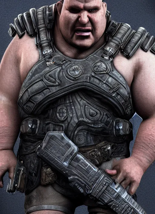 Image similar to Morbidly obese Marcus Fenix from Gears of War, detailed 3D render