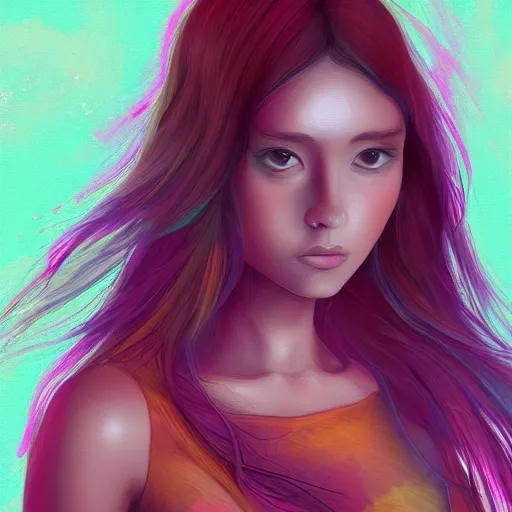 Image similar to a stylized image of a hard surfaces girl with long hair, digital art by ei - q, featured on pixiv, synchromism, flat shading, full body, metaphysical painting, speedpainting, digital painting, holographic undertones, highly saturated colors, 4 k, digital art, concept art, trending on artstation