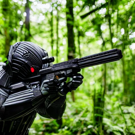 Image similar to close up Crysis Nanosuit shooting at enemies in a jungle combat photography 2022, Canon EOS R3, f/1.4, ISO 200, 1/160s, 8K, RAW, unedited, in-frame,