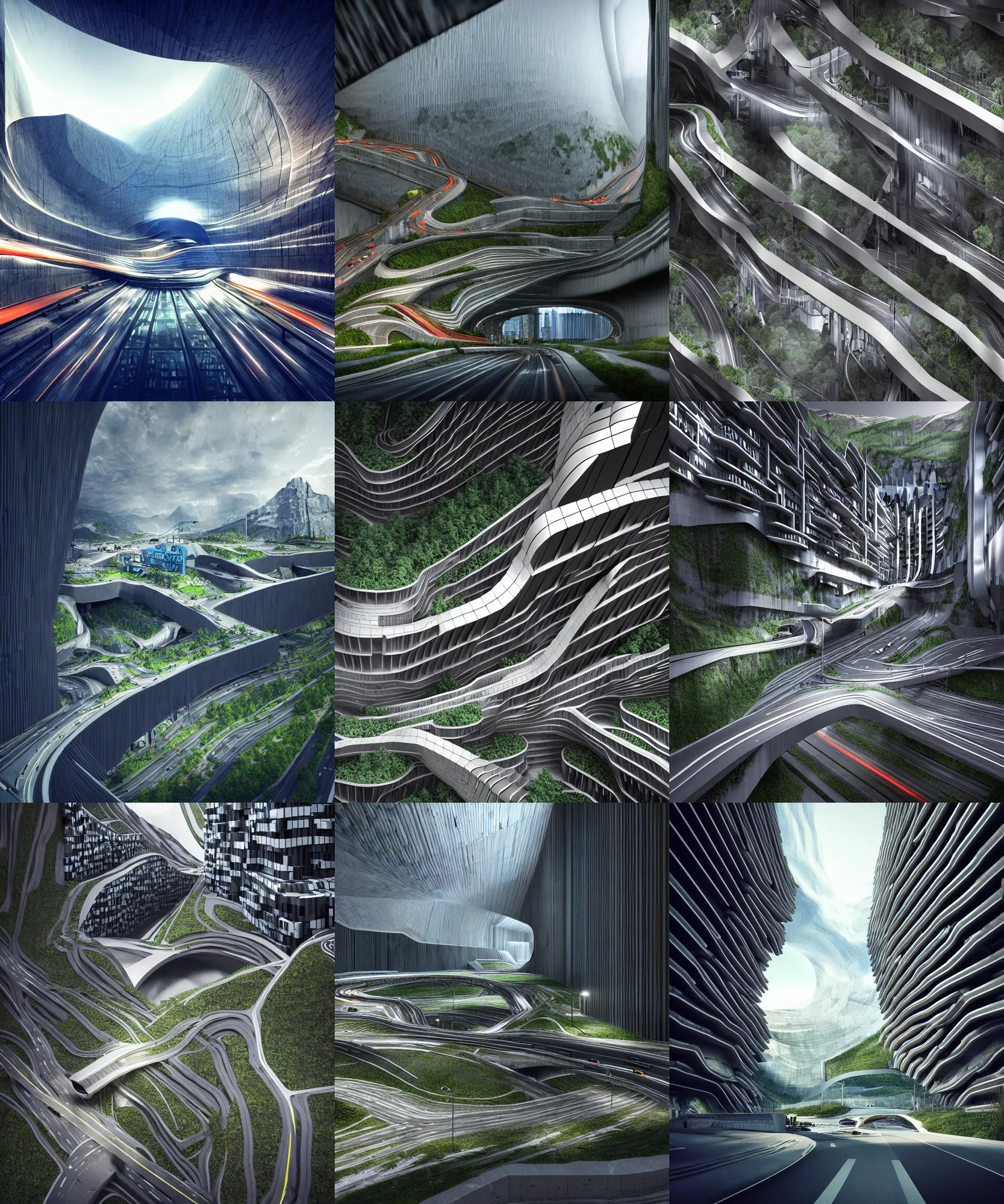 Image similar to maximalism digital art, denis villeneuve establishing shot of modern bjarke ingels condo building and gotthard tunnel entrance combined, roads tunnel under bjarke ingels condo building, lush environment, overcast lighting, scifi artstation digital concept art, unreal engine, hyper realism, realistic shading, blender render, octane render, wide shot