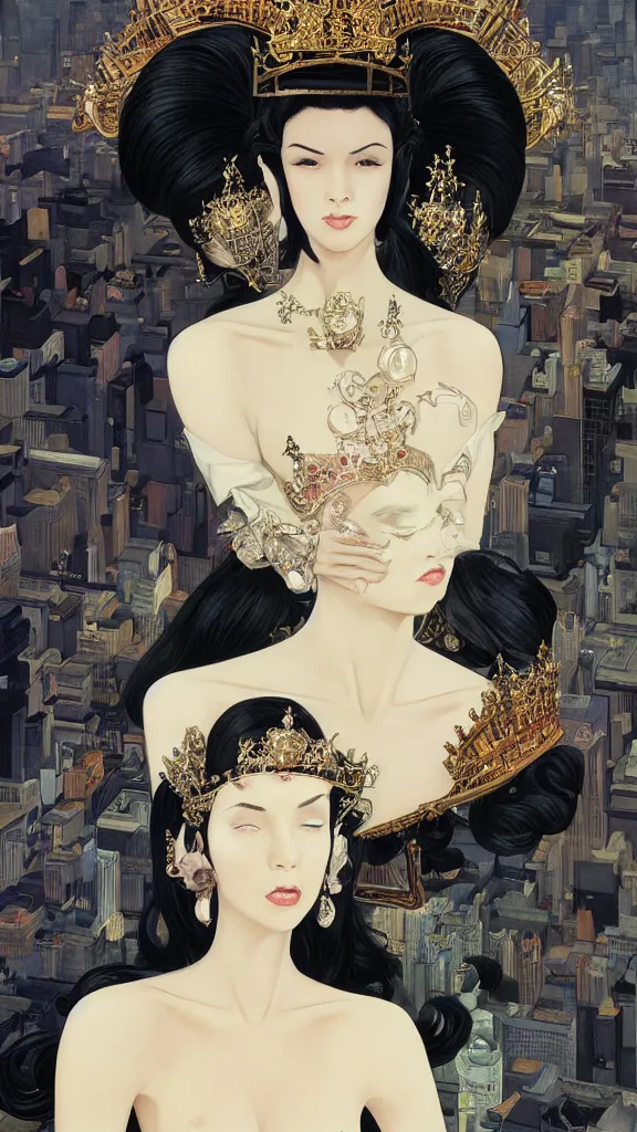 Image similar to a beautiful black haired woman with pale skin and a crown on her head sitted on an intricate metal throne new york circa 1 9 8 4 edward hopper and james gilleard, surreal, open ceiling, highly detailed, airbrush, ilya kuvshinov, wlop, stanley artgerm, very coherent, art by takato yamamoto and james jean