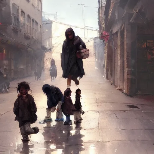 Image similar to oil painting of orphaned children asking for food in the streets of the city, by greg rutkowski, artstation