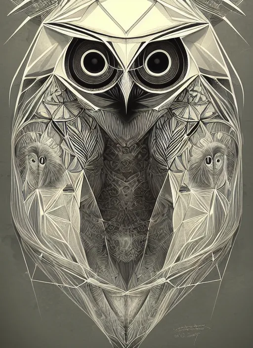 Image similar to portrait of a geometric owl, identical eyes, medium shot, illustration, full body made of white feathers, symmetrical, art stand, super detailed, cinematic lighting, and its detailed and intricate, gorgeous, by peter mohrbacher