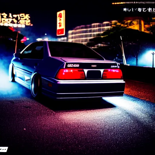 Image similar to a car JZX90 at illegal car meet, Chiba prefecture, city midnight mist lights, cinematic color, photorealistic, highly detailed, 50MM